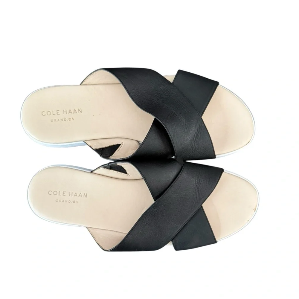 Cole Haan Women's Grand.OS Criss Cross Black Leather Slide Sandals 8.5